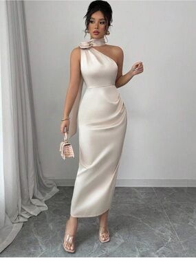 SHEIN One-Shoulder Satin Midi Dress in Ivory Cream
